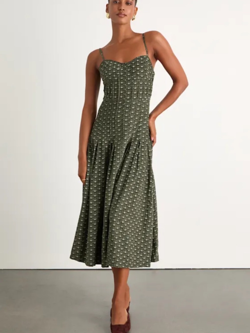 Lulus olive green floral corduroy midi dress